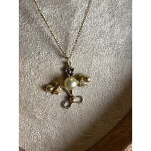 Antique Art Nouveau Floral Lavalier Pendant Necklace - Gold Filled - Seed Pearl